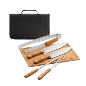 FLARE Set per barbecue composto da tagliere in bambù e 5 utensili in legno e acciaio inox-MK-54142
