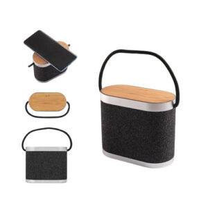 GUETTA Altoparlante portatile da 5W con caricatore wireless superveloce da 15W e autonomia di 2 ore in bambù e PET riciclato (100% rPET)-MK-97183